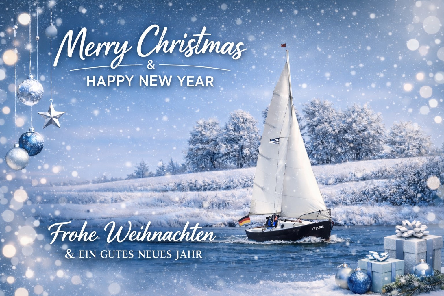 Segelboot im Winterwunderland mit Weihnachtsdekoration